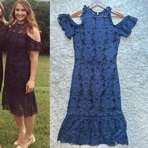 T.D.C navy lace cold shoulder fitted mermaid ruffle party cocktail midi dress